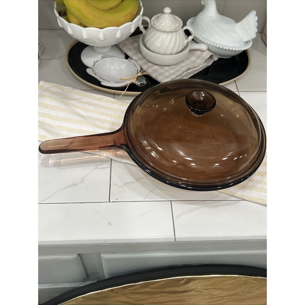 Vintage Pyrex Vision Corning Ware Amber 10" Glass Skillet W PURPLE LID EXCELLENT